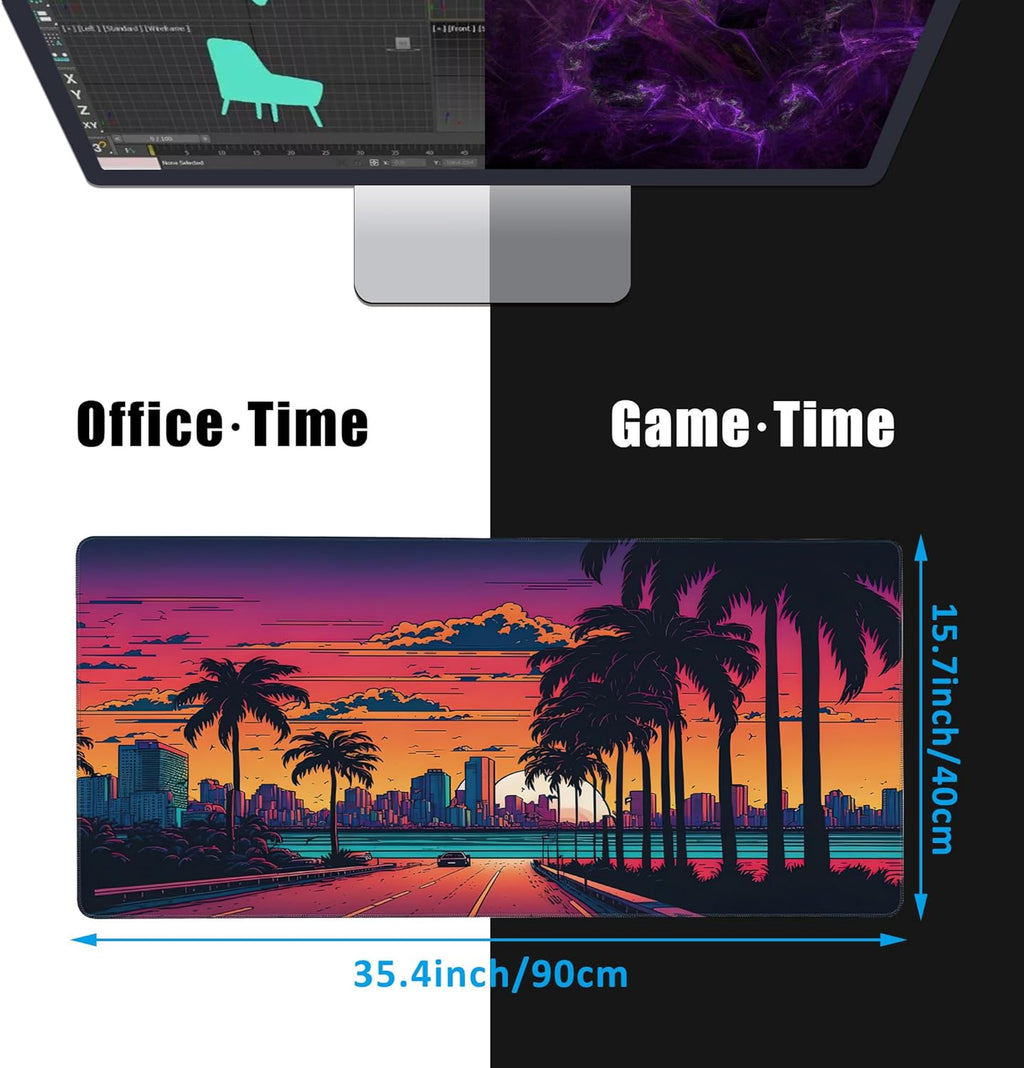 Mouse Pad,Orange Purple Miami Landscape Desk Mat for Desktop,Desk Pad with Non-Slip Base and Stitched Edge,Extended Mousepad for Office and Home 35.4X15.7 Inch