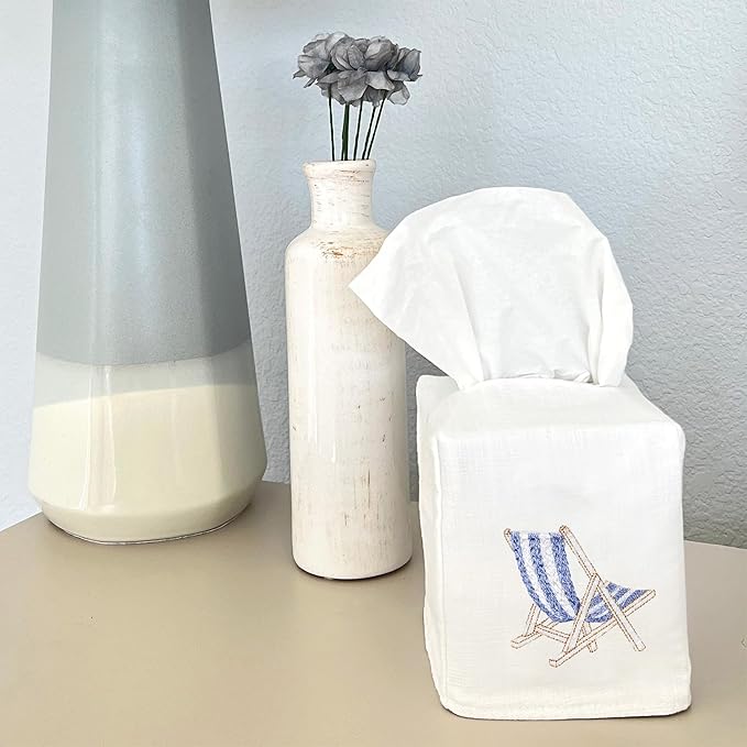 Jacaranda Living Square Tissue Box Cover, Linen/Cotton Fabric Tissue Holder, Decorative Cloth Tissue Cube Cover, Coastal Designs Deck Chair (Blue)