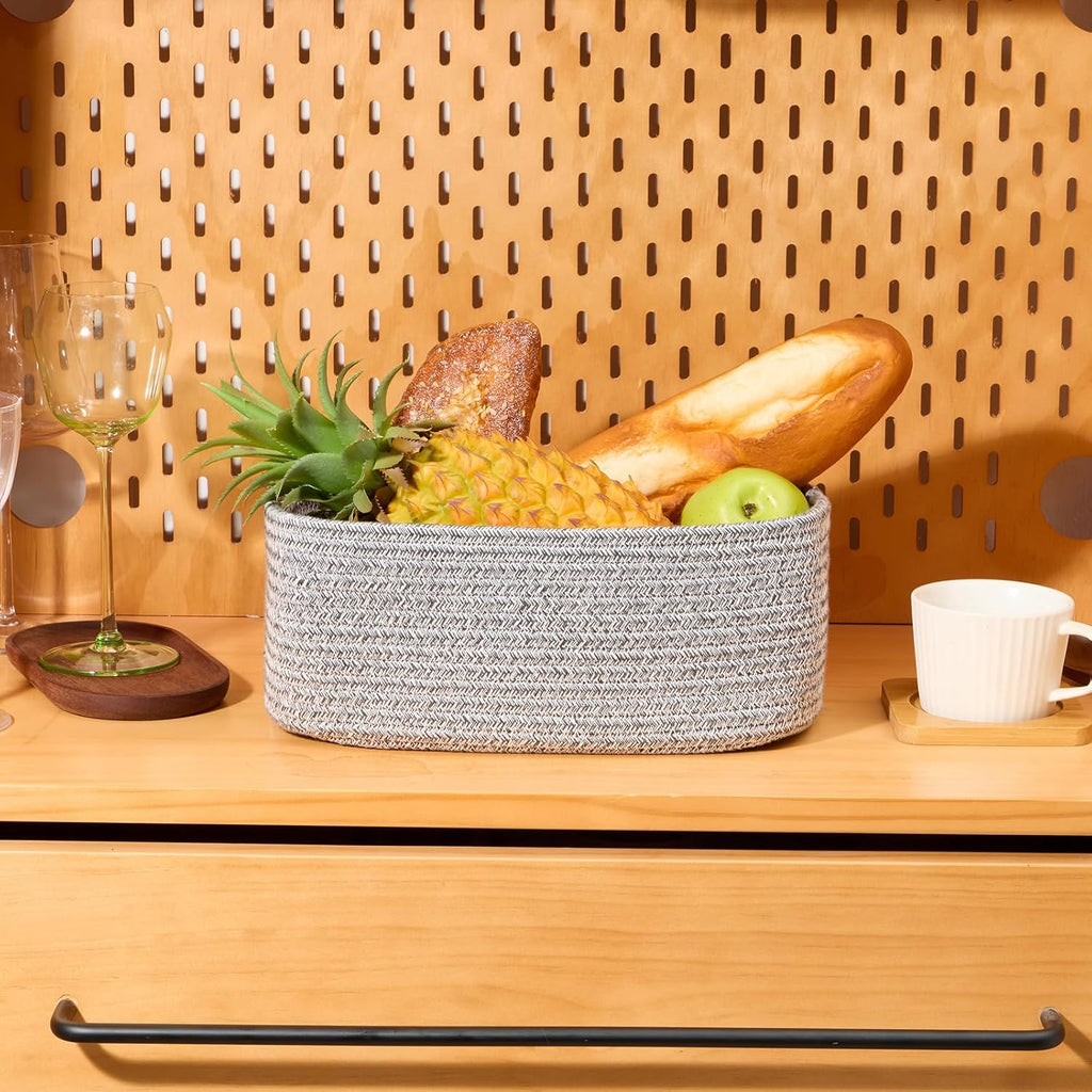 Small Storage Baskets for Organizing | Closet Organizer Bins | Shelf Toy Basket | Woven Rope Baskets | Cube Decorative Box | Shallow Basket | 11.5x7.5x4.7” | 3 Packs Mixed Grey