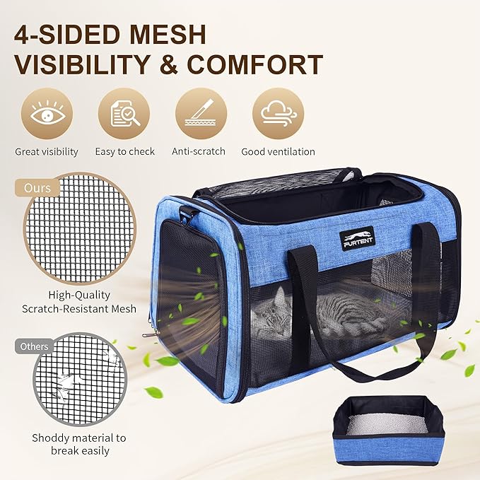 TSA Pet Carrier Airline Approved for Small Cats and Puppy, Cat Carrier Soft Fits Pets Up to 15 lbs, Dogs Carrier Bag with Litter Box Foldable, Ideal for Travel, Car Rides, and Vet Visits, Dark Blue