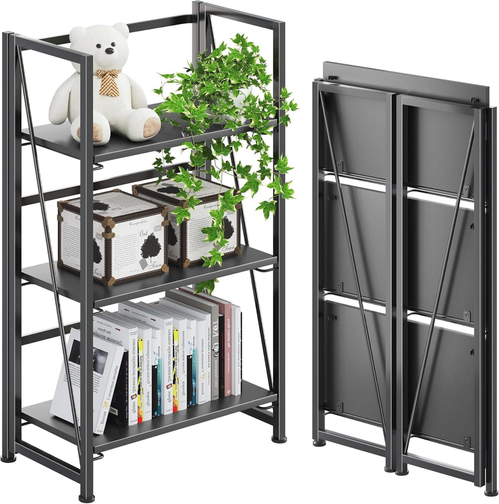 4NM No Assembly Folding Bookshelf Storage Shelves 3 Tiers Vintage Bookcase Standing Racks Study Organizer Home Office (All Black)