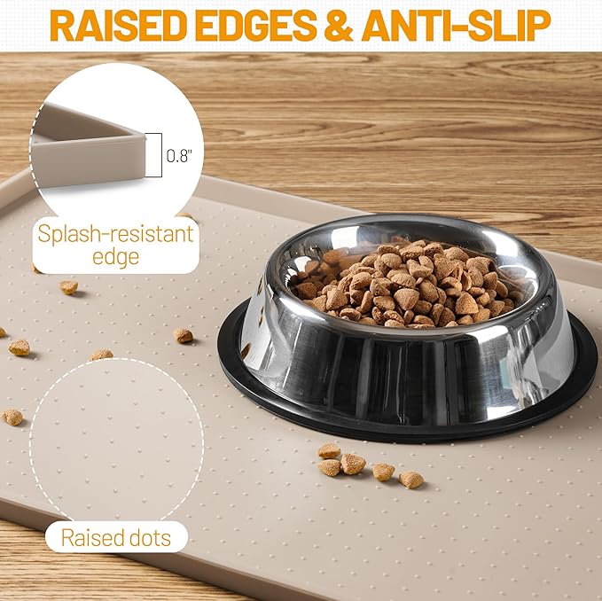 Hubulk Dog Feeding Mat,100% Waterproof Food Grade Silicone Pet Food and Water Bowl Placemat,Dishwasher, High Raised Edge to Prevent Spills,Nonslip Tray to Stop Messes on Floor（28"x18"x0.8", Taupe）