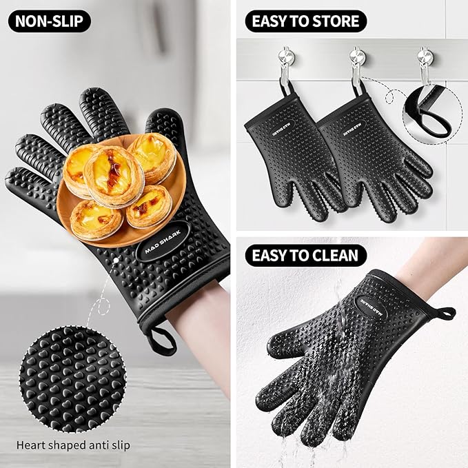 MAD SHARK Silicone Oven Mitts Heat Resistant 450 Degrees,Waterproof & Non-Slip Oven Gloves with Fingers,Cotton Lined Silicone Oven Gloves Kitchen Mitts for Baking Cooking Barbecue,Women,Oven(Black)