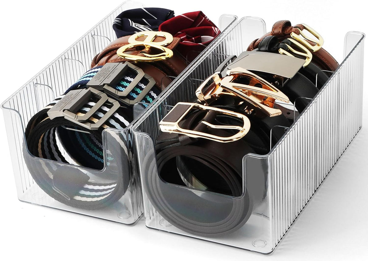 Acrylic Belt Organizer - 2 Pack with Adjustable 4 Compartments & Stackable Design, Clear Storage for Closet and Drawer Organization