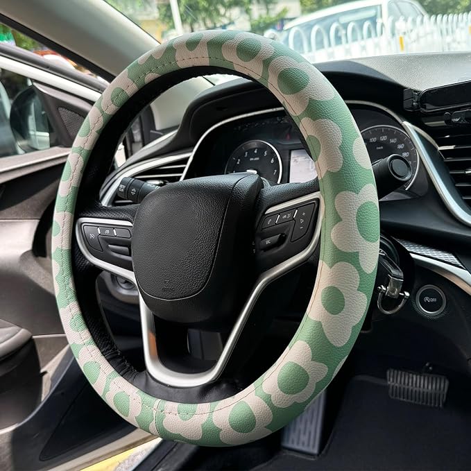 Vintage Groovy Flowers Car Leather Steering Wheel Cover - 15-inch Universal Microfiber- Soft & Breathable & Silicone Anti Slip Auto Steering Wheel Wrap for Women (Sage Green)