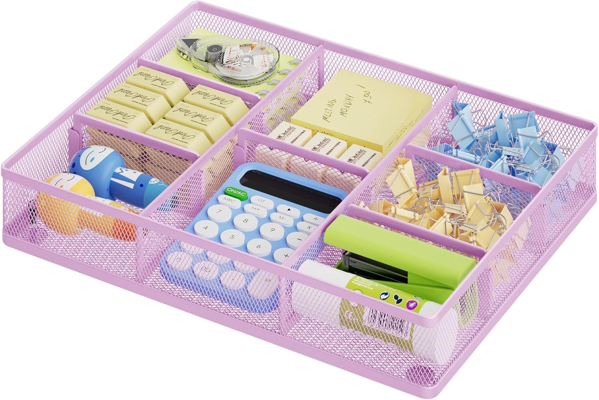 Marbrasse Desk Drawer Organizer, Metal Mesh Drawer Organizer Tray with 5 Adjustable Compartments,Desk Organizers and Accessories for Home,Office,Kitchen,Makeup,Vanity (Purple)