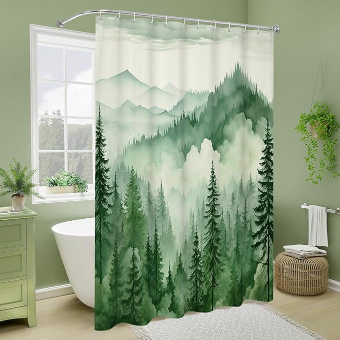 Litabel Green Long Misty Pine Forest Shower Curtain 72 x 78, Mountain Foggy Woodland Scenery Tree 78 Inch Long Shower Curtains for Bathroom, Abstract Waterproof Nature-Themed Decor