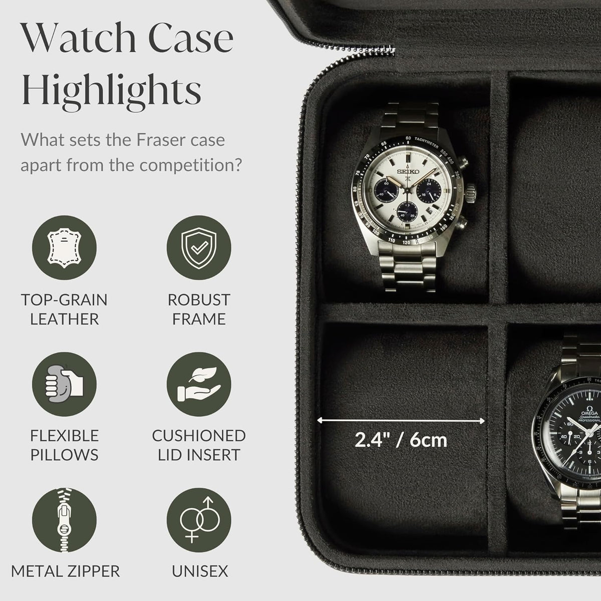 TAWBURY Watch Case - 6 Slot Genuine Top-Grain Leather Watch Box for Men & Women with Extra Wide Pillows for Large Watches - Portable Wristwatch Storage for Home & Travel (Black)