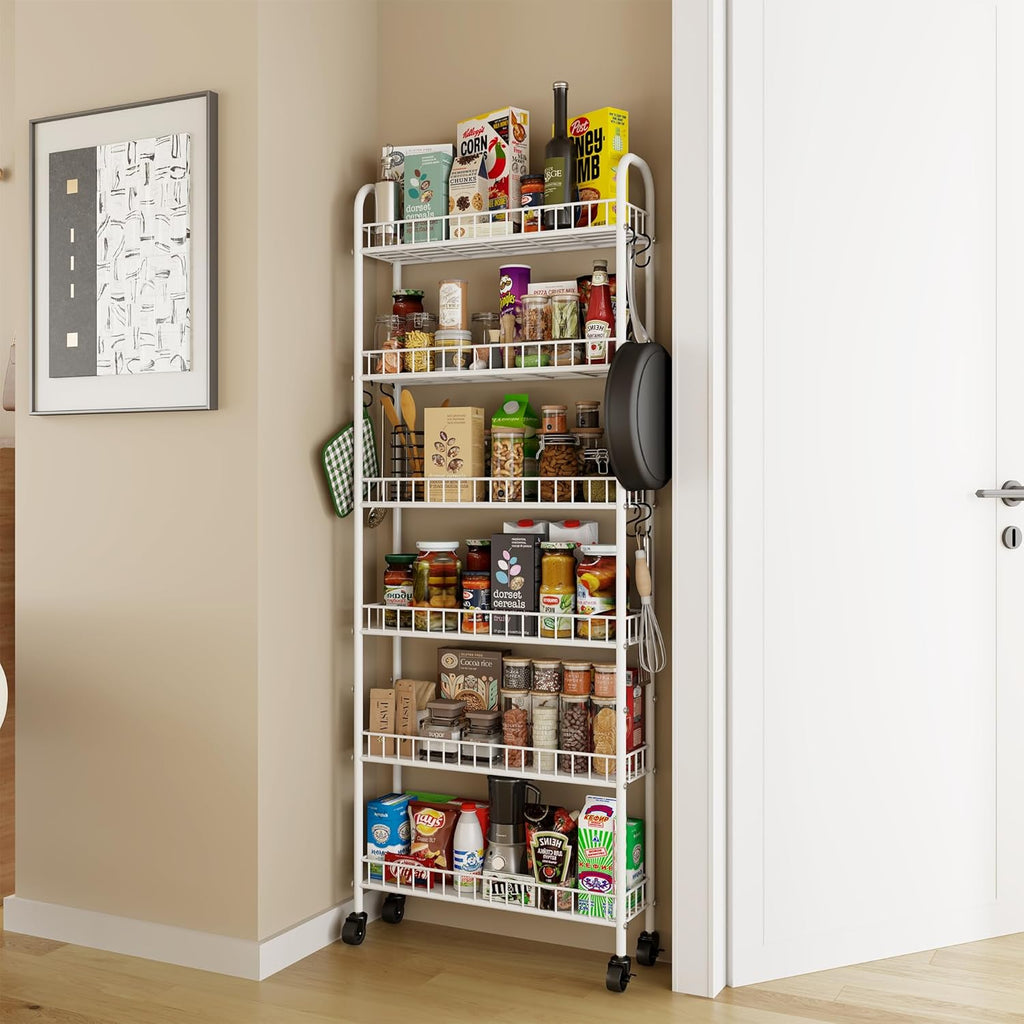 6 Tier Slim Rolling Storage Cart with Wheels, Metal Mobile Shelving Unit Organizer Utility Cart for Office Bathroom Kitchen Laundry Room Narrow Places (White 6 Inches)