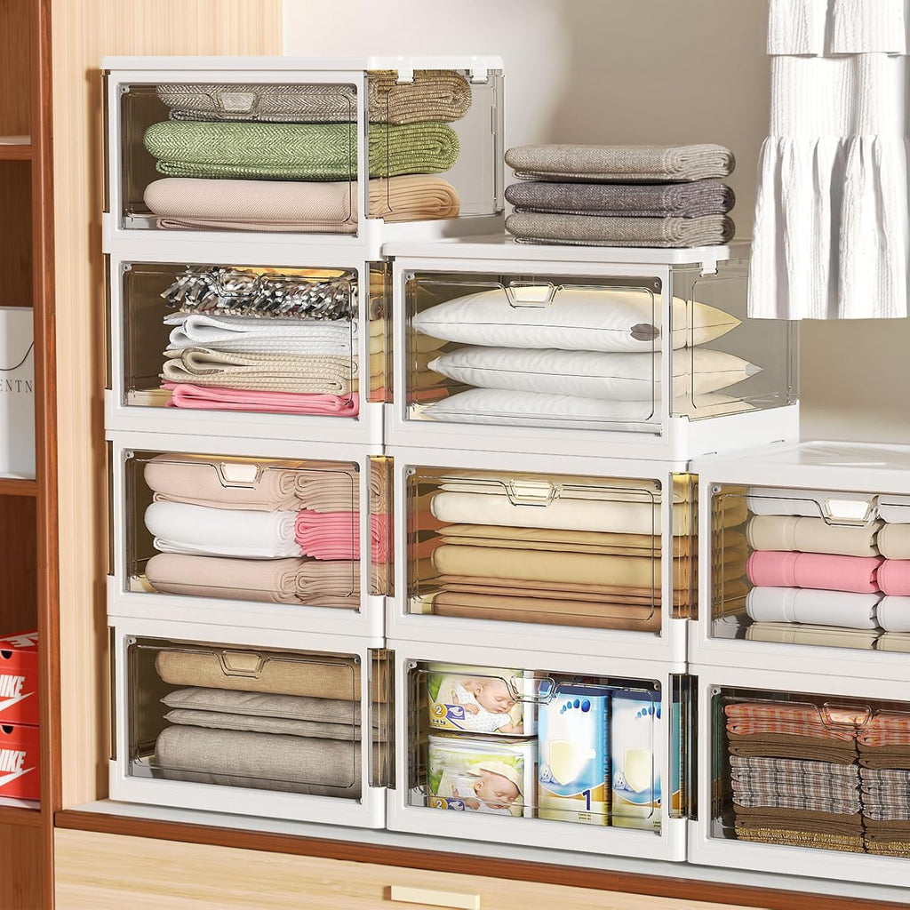 Clear Storage Bin with Lid 3 Pack 【Stackable & Sturdy】 Plastic Multifunctional Folding Storage Bins for Bedroom, Living Room, Study,Room, 23 QT Folding Box with Magnetic Door
