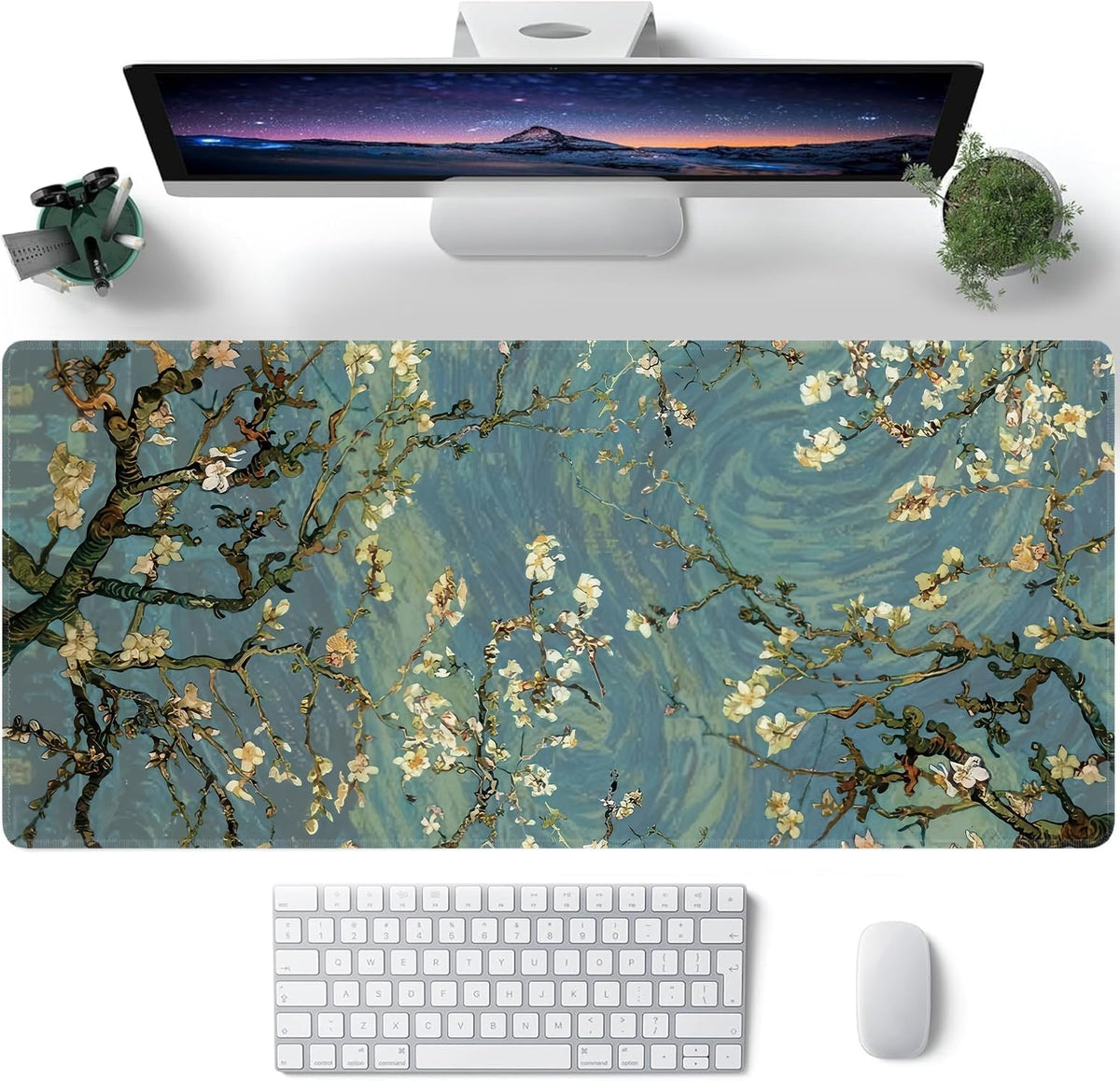 Almond Blossoms Large Mouse Pad,Gaming Keyboard Desk Pad,Extended Mouse Mat Non-Slip Rubber Base with Stitched Edges for Office Game Home XXL 35.4"x15.7"