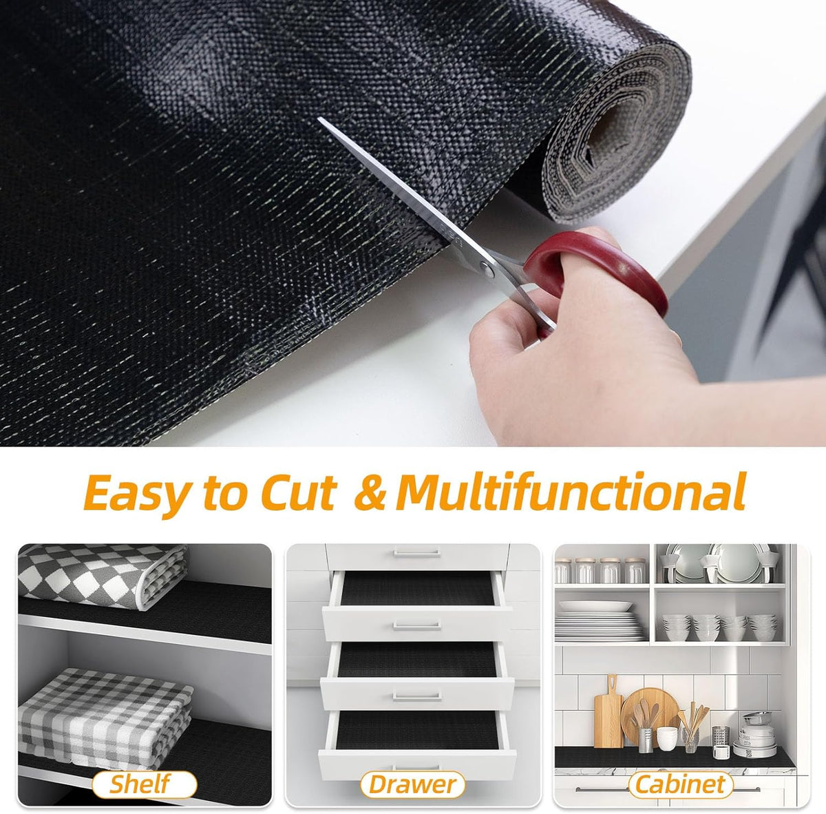 Shelf and Drawer Liner for Kitchen Cabinets Non-Adhesive, Strong Grip Non-Slip Thickened Cabinet Liners for Shelves, Waterproof Mats for Dresser Cupboard, Black, 17 in x 30 Feet