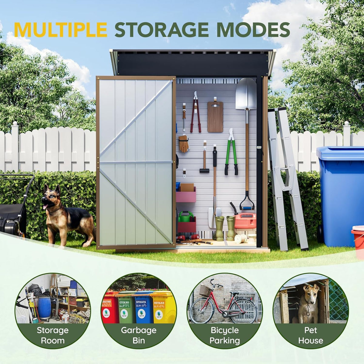 5x3FT Vertical Outdoor Steel Storage Shed, Lockable Doors, Compact Metal Tool Shed for Garden, Backyard, Patio, Utility, and Bike Storage,Brown