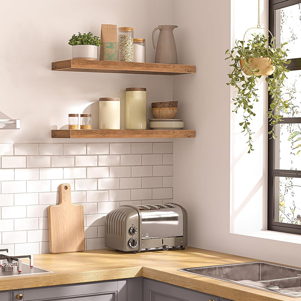 HOOBRO Floating Shelves for Wall, Wall Mounted Shelf Set of 2, 23.6" Hanging Shelf with Invisible Brackets, for Wall in Bathroom, Bedroom, Toilet, Kitchen, Living Room, Office, Rustic Brown BF60BJ01