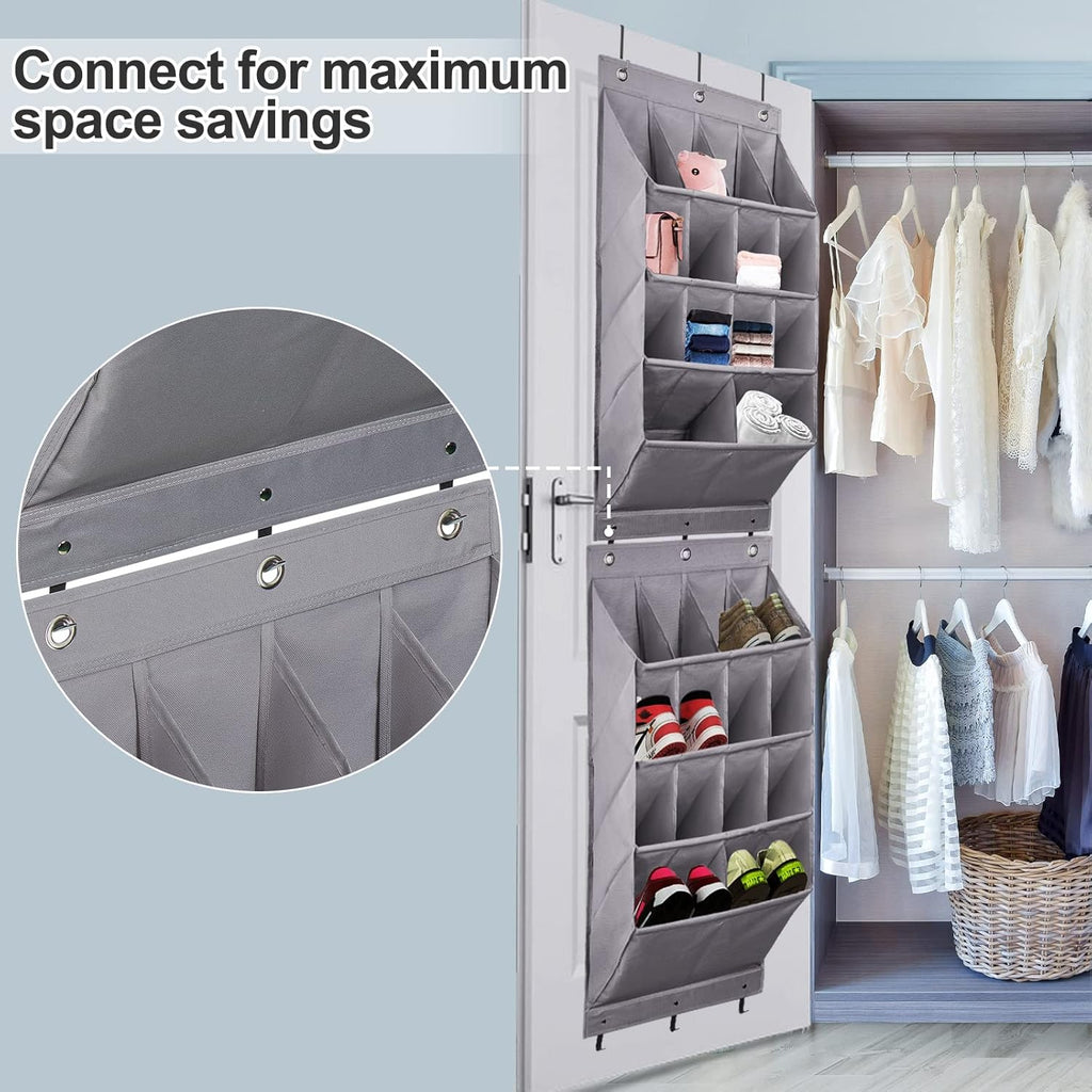 FENTEC 2 Pack Over the Door Shoe Organizer, Hanging Shoe Organizer Rack,24 Large Pockets and 4 Larger Storage Various Compartments with 6 Hooks, Home Accessories, Grey