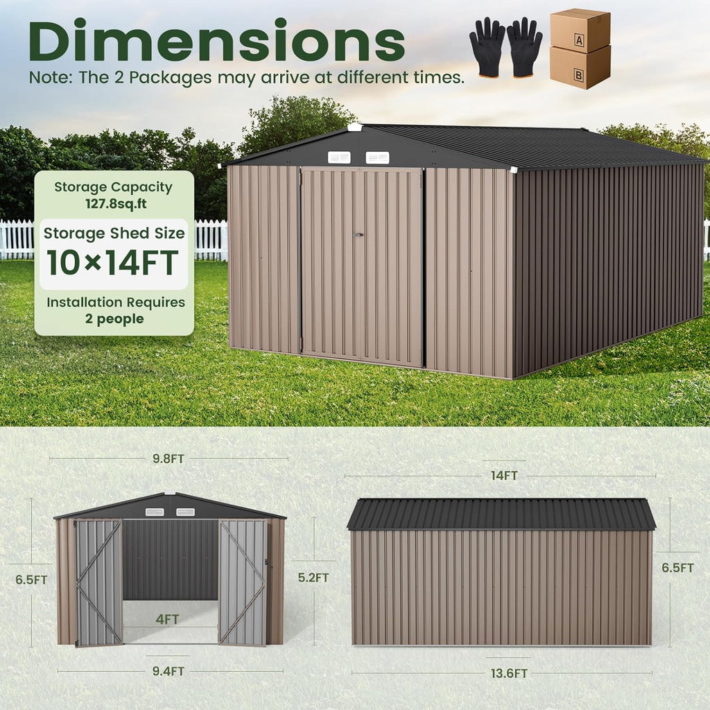 GVDV 10x14 FT Outdoor Metal Storage Shed, Durable Garden Shed with Updated Frame Structure for Backyard, Patio, Tool Storage, All-Weather Shelter for Bike, Gardening Tools, Lawn Mowers