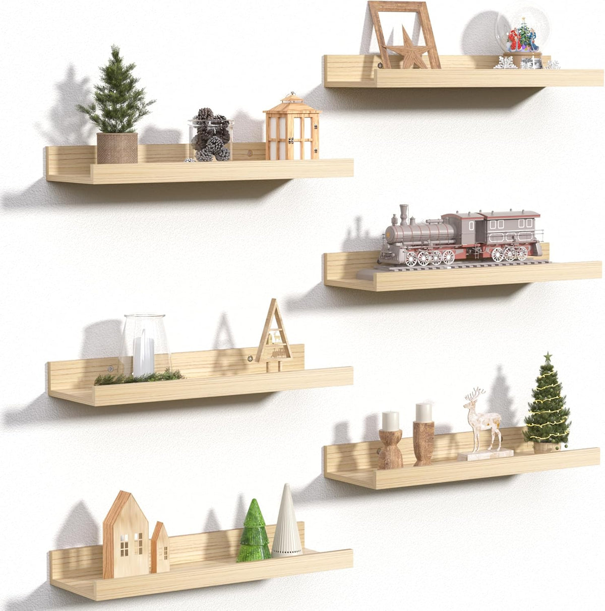 upsimples Floating Shelves for Wall, Wall Shelves for Decor Storage Set of 6, Wall Mounted Wood Shelf for Bedroom, Living Room, Bathroom, Kitchen, Picture Ledge Shelves, Natural
