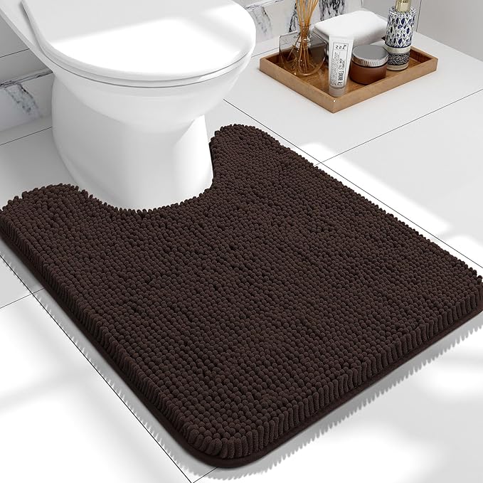 OLANLY Toilet Rugs U-Shaped 24x20, Extra Soft Absorbent Chenille Contour Bathroom Rugs for Toilet, Dry Quickly, Machine Washable, Non-Slip Bath Mat, Brown