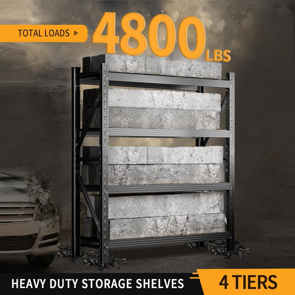 4800LBS Heavy Duty Shelving Units, 4 Tier Adjustable Metal Utility Shelf, 78.7" H Garage Storage Shelves Organization Rack for Industrial, Warehouse, Basement (Black, 23.6" D×59" W×78.7" H)