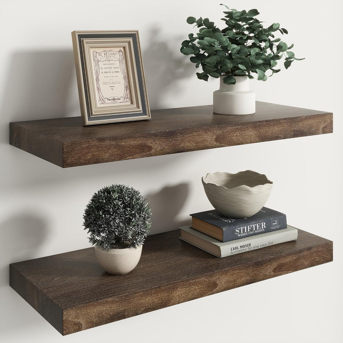 RICHFOCUS Elm Floating Shelves for Wall - 24" W x 9.3" D Rustic Solid Wood Shelves with Invisible Bracket, Wall-Mounted for Living Room, Bedroom, Kitchen Storage & Display, Set of 2, Walnut