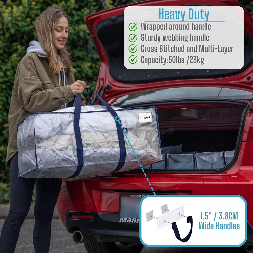 VENO 8 Pack Moving Bags Plastic Storage Totes Clothes Organization Large W Lid/Zipper. Packing Boxes/Bins Alternative. Space Saving Foldable College Supplies Essentials (Clear, 8 Pack)