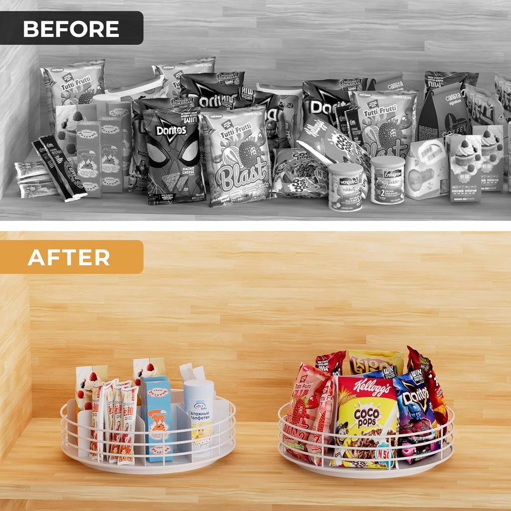 Snack Organizer - Versatile Snack Storage, Lazy Susan with Convenient Grab-and-Go Design, Metal Snack Holder for Home, Office, Breakroom, 11.85" L x 11.85" W x 4.17" H (White)