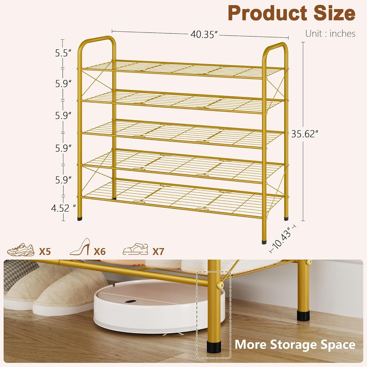 Hoctieon 5 Tier Shoe Rack for Closet, Durable Mesh Style Shoe Rack, Entryway Shoe Shelf, Shoe Storage Organizer for Hallway, Bedroom, Living Room, Wardrobe, Gold