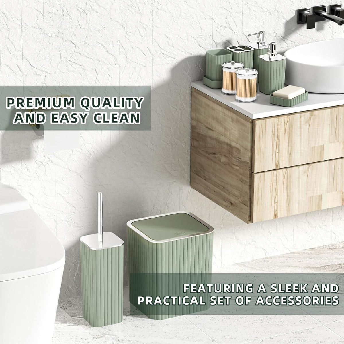 Bathroom Accessories Set - Gorgeous Sage Green Bathroom Set, 10PC Bathroom Accessory Set, Toilet Brush, Trash Can, Qtip Holder Dispenser & Soap Dispenser