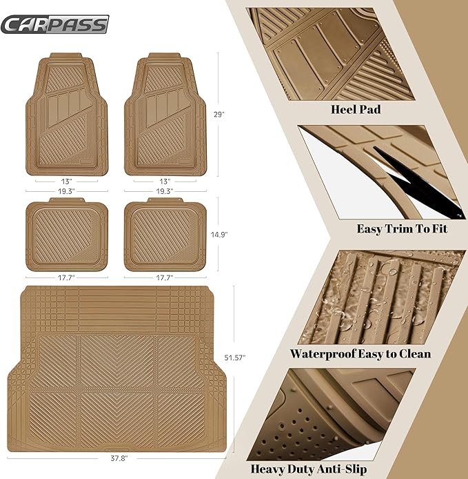 CAR PASS Heavy Duty Rubber Floor Mats Gray Car Mats Full Set with Trunk Cargo Liner - Universal Waterproof Floor Mats for Car SUV Truck, Durable All Weather Automotive Liner Mats (All Beige)
