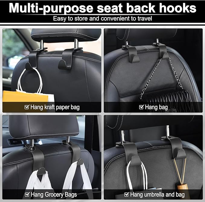 LivTee Car Seat Headrest Hook, Auto Seat Hook Hangers Storage Organizer Interior Accessories for Purse Coats Umbrellas Grocery Bags Handbag, 4-Pack