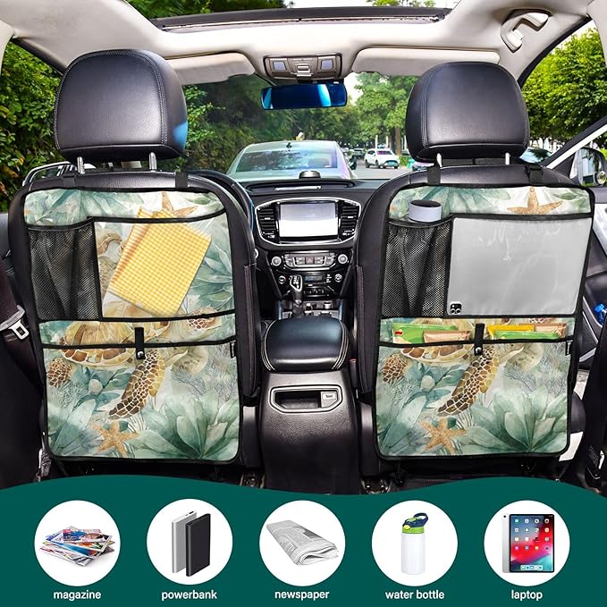 1 Pack Back Seat Car Organizer with Storage Pockets Kick Mats Back Seat Protector Hanging Car Organizer Automotive Seat Back Cover Organizers Sea Turtle Starfish Plants