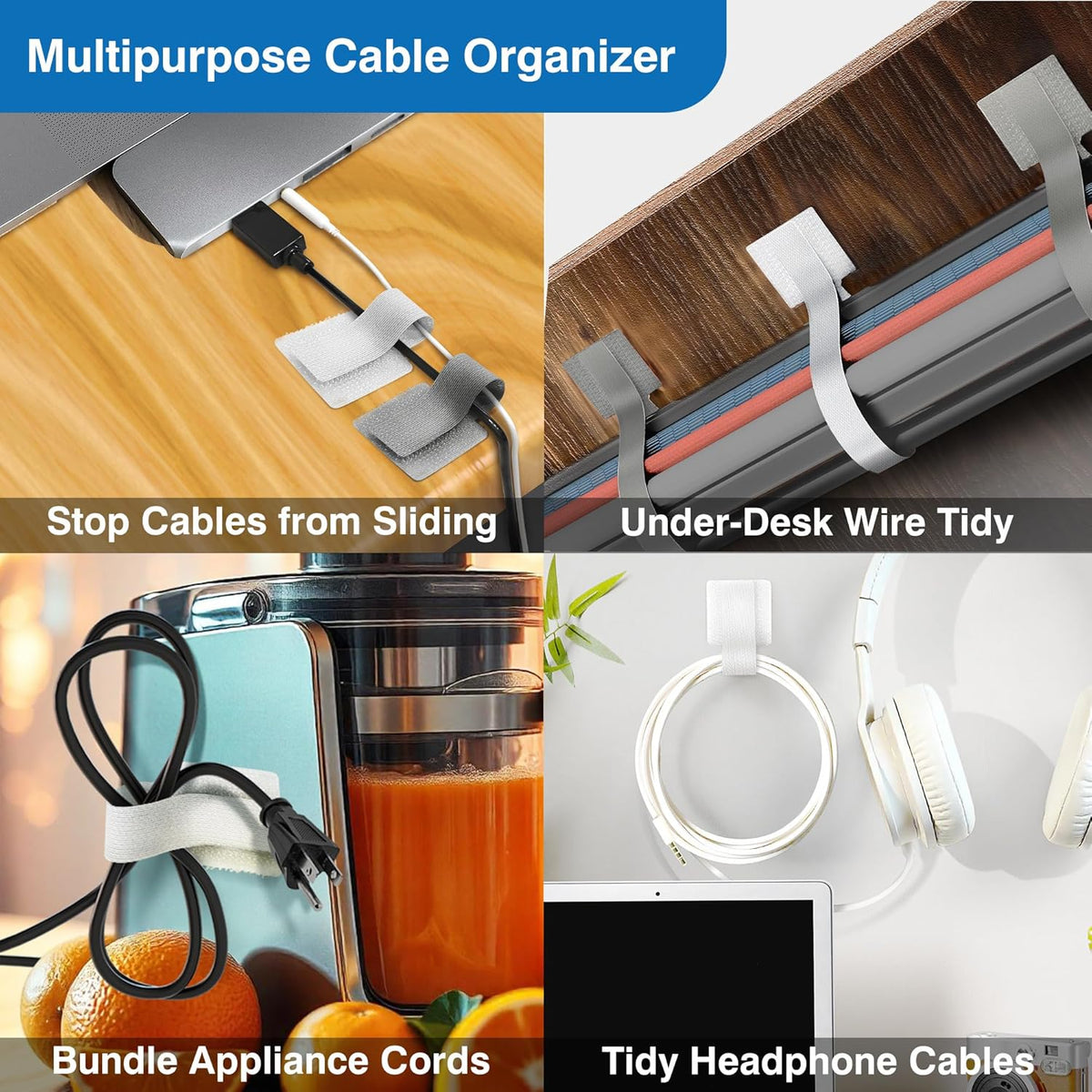 Cable Management Kit – 40 Self-Adhesive Hook and Loop Ties with 2 Extension Straps – Made with 3M Tape, Back-Sticky Cord Organizer for Under Desk, Wall, Home, Office – Adjustable Wire Holders