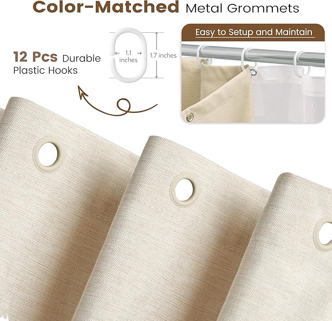 BTTN 3 in 1 Shower Curtain Set - 78 Inch Long Linen Textured Polyester Shower Curtain and Clear Liner Set with Plastic Hook, Long Modern Waterproof Shower Curtain for Bathroom, Cream/Beige, 72x78