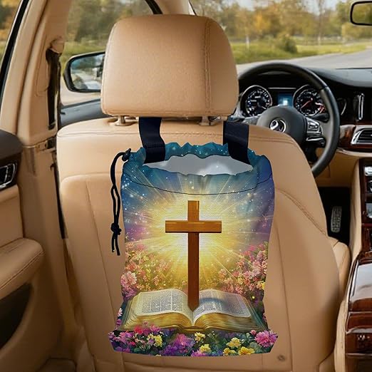 Glowing Bible Cross Car Trash Bag,Colorful Flowers Strap Drawstring Car Garbage Bags,Car Back Seat Organizer with Adjustable Buckle for Car Accessories