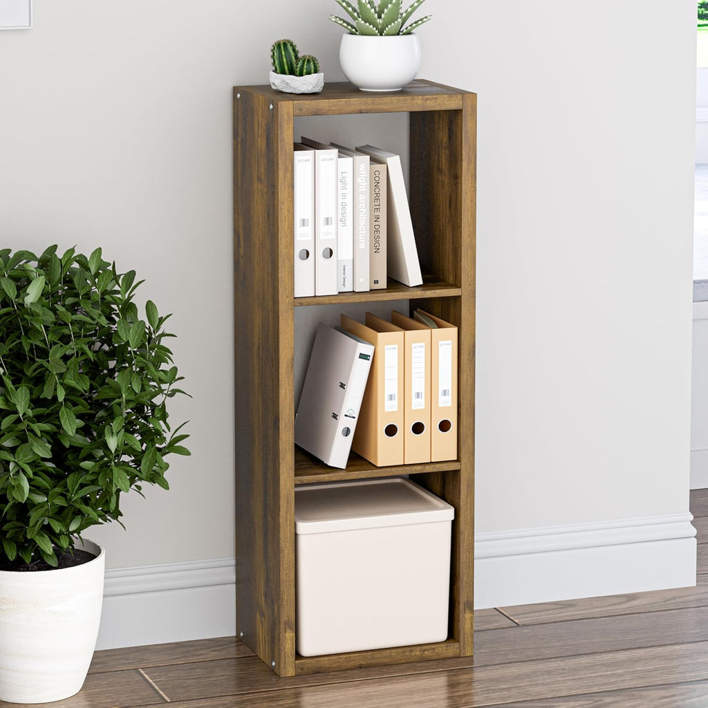 Cube Storage Organizer Bookcase, 3 Tier Decorative 11 inch Open Back Cubical Shelf with Thickened Border, Display Bookshelf for Living Room, Home Office, Sturdy Room (Brown, 3 Cube)