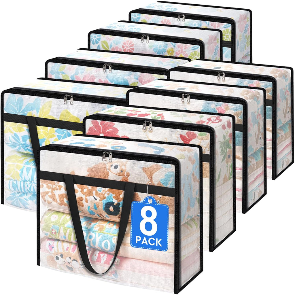 8 Pack Clear Storage Bags for Comforter, Clothes & Bedding, Plastic Blanket Storage with Zipper and Handle, Moving Bags, Closet Organizer and Under-Bed Storage (90L)