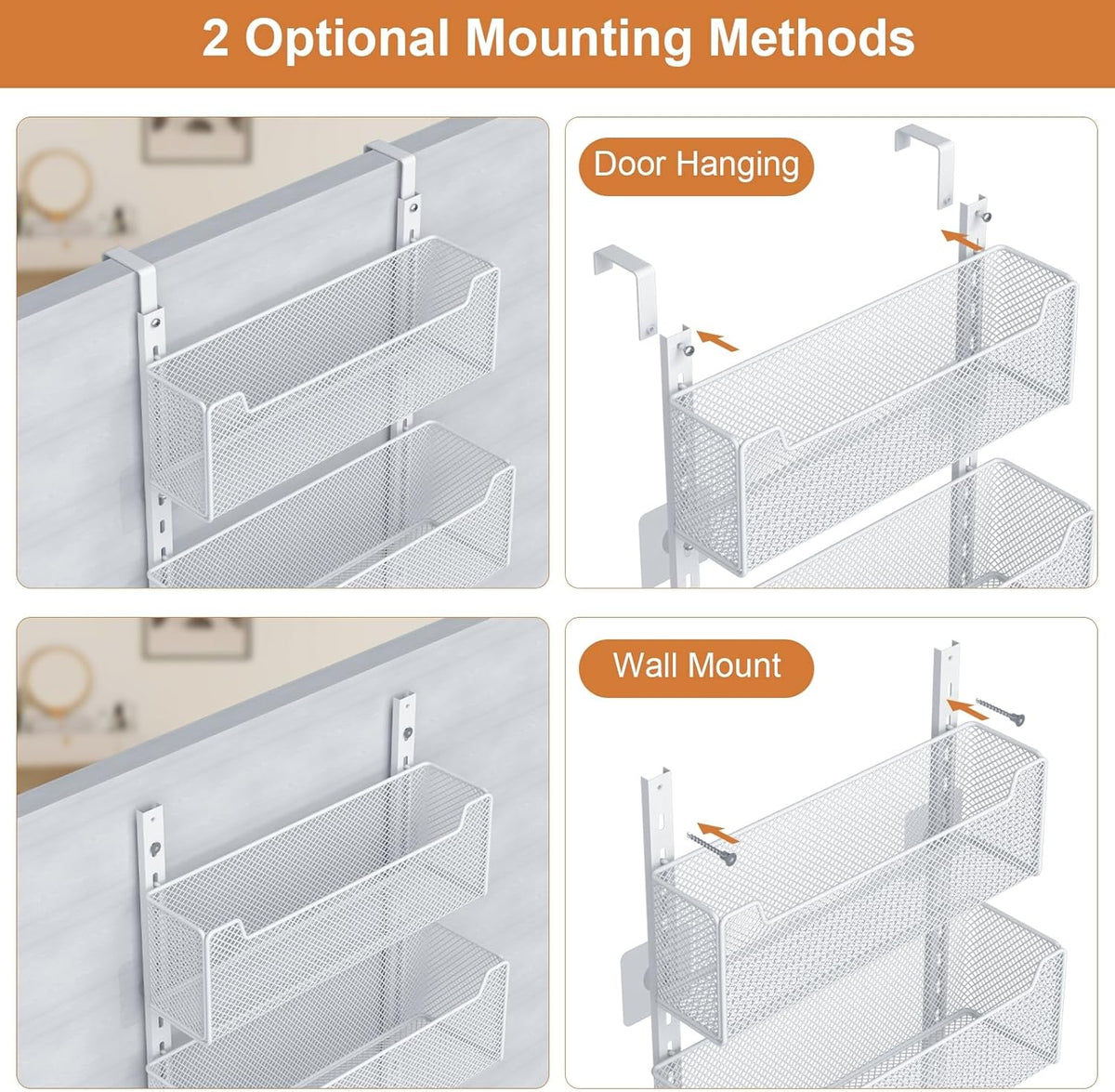 Over The Door Organizer, Metal Door Organizer Hanging with 5 Adjustable Baskets and Coat Hook, Behind The Door Storage for Bedroom Closet Bathroom Pantry Cabinet Kitchen, White