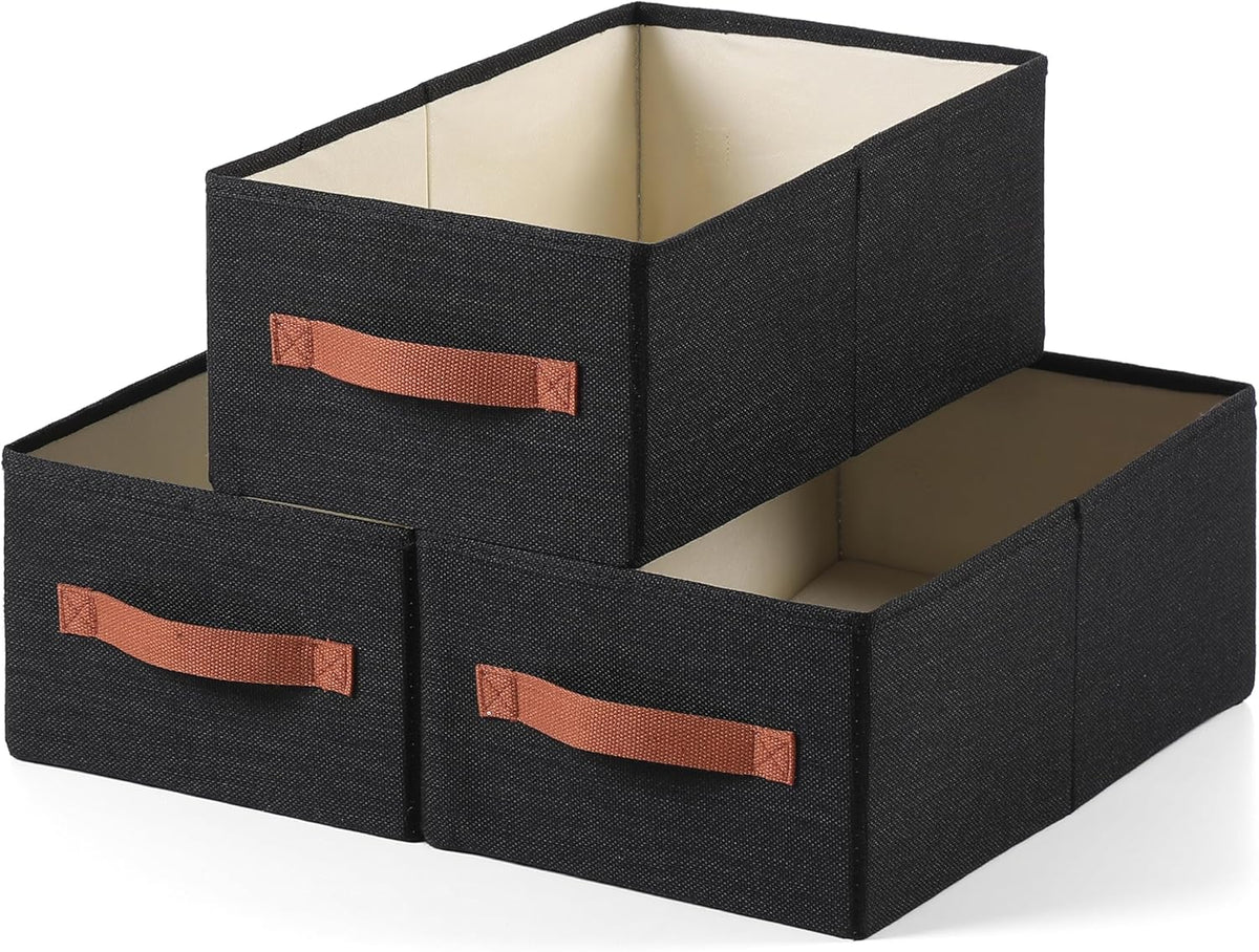 linen closet organizers and storage, 3 Pack Large Storage Baskets, Washable, Clothing Storage Bins with Handle, Closet Organizer for Storage Sweater,Sheets (Black, 16"x9½"x6¾")