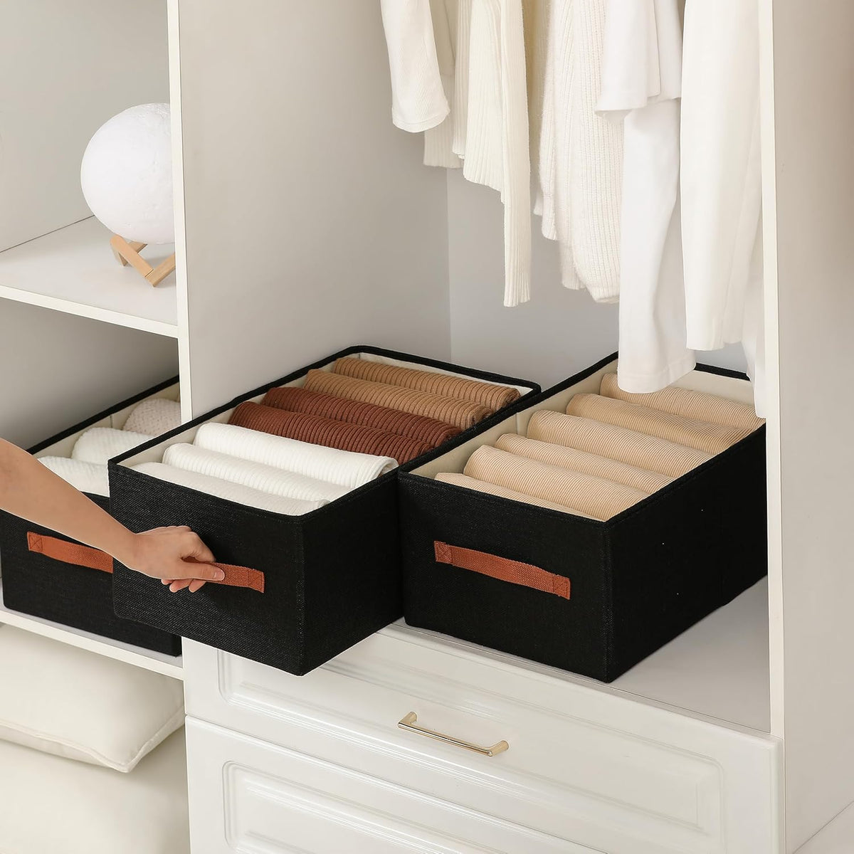 linen closet organizers and storage, 3 Pack Large Storage Baskets, Washable, Clothing Storage Bins with Handle, Closet Organizer for Storage Sweater,Sheets (Black, 18½"x11"x8½")