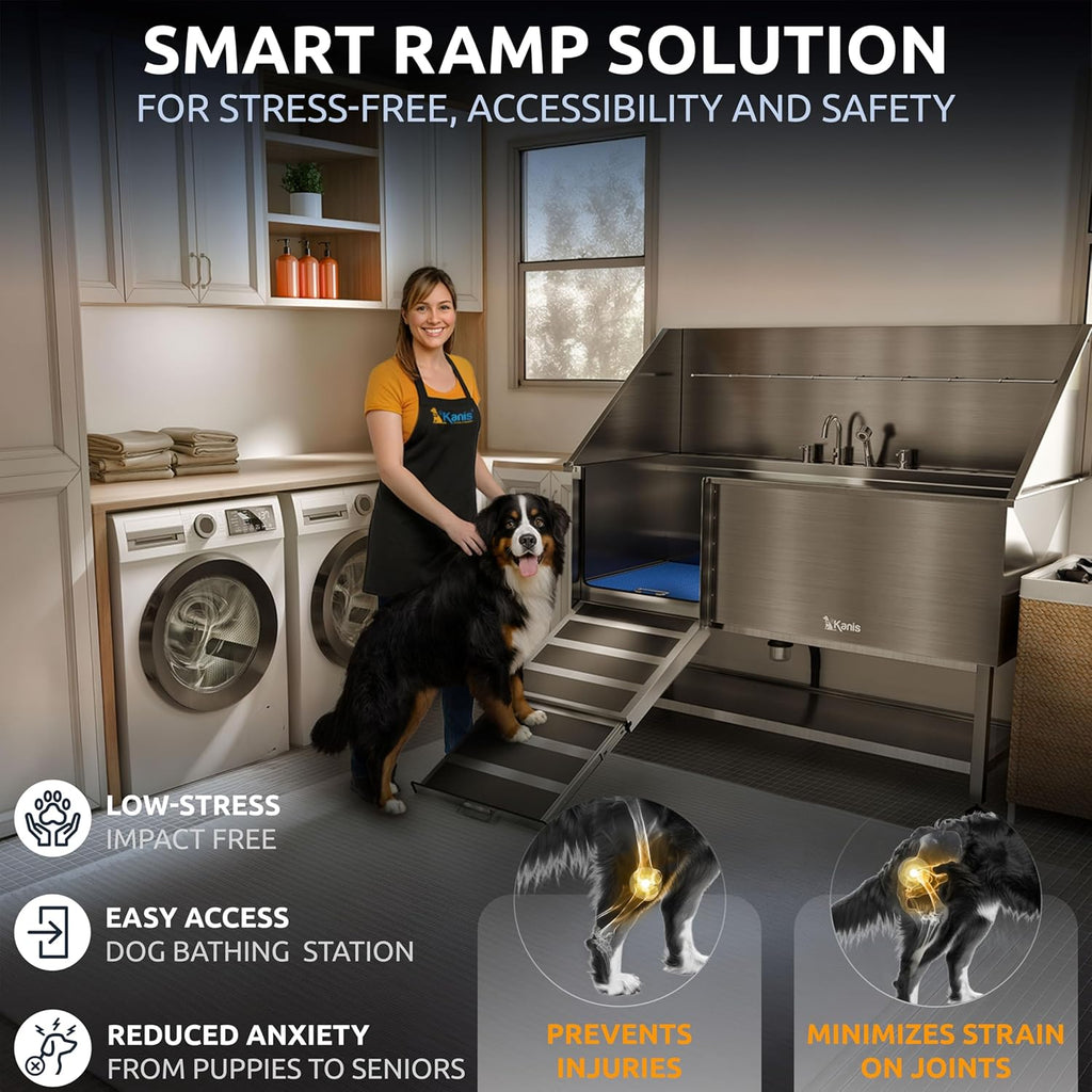 KANIS Professional Dog Washing Station - 304 Stainless Steel Pet Wash Sink & Grooming Bathtub w/Shower, Floor Grates and Storage for Large, Medium & Small Pets (61", Shelf - Left Ramp)