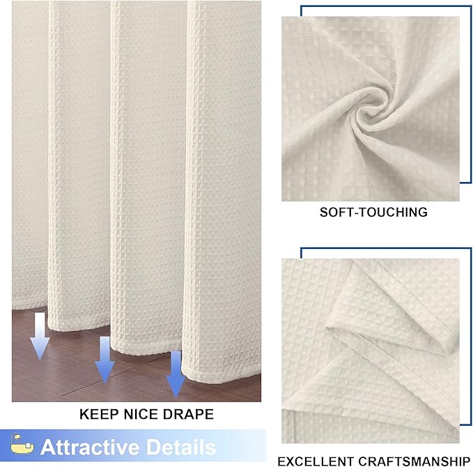 OVZME Extra Long Shower Curtain Set- 96 Inch Long Waffle Weave Heavy Duty Fabric Shower Curtains for Bathroom, Luxury Heavy Duty Thick Cloth Shower Curtain with 12 Plastic Hooks, 72x96, Cream