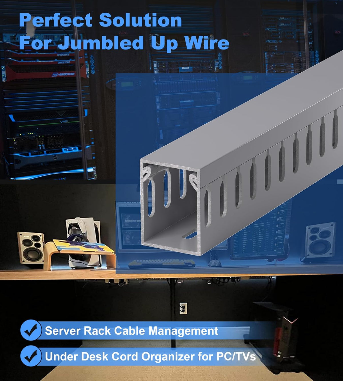 94.5in(6X L15.7in) Professional Server Rack Cable Management Raceway, H1.6in x W1.2in Cable Raceway Kit, Electrically Safe PVC Open Slot Wire Raceway for Under Desk/Computer/Network Cords, Grey