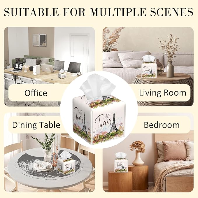 POIUBLE Leather Tissue Box Holder Paris Eiffel Tower Tissue Box Cover Square Waterproof Tissue Holder Organizer Modern Napkin Holder for Bedroom Dresser Night Stand Office Desk