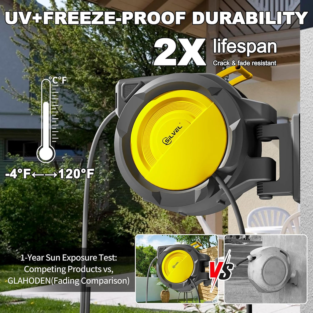 SILVEL Retractable Garden Hose Reel – 1/2 in x 150FT Heavy Duty Automatic Hose Reel Wall Mounted, UV Resistant with 10 Pattern Nozzle, Any Length Lock & Slow Return System, 180°Swivel Bracket, Yellow