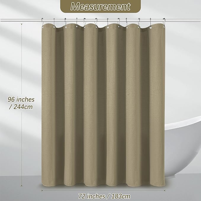 Extra Long Shower Curtains 96 inch Taupe Waffle Shower Curtain for Bathroom, Heavy Duty 256GSM Modern Shower Curtain, Machine Washable,Water Resistant with 12 Metal Hooks, 72Wx96H