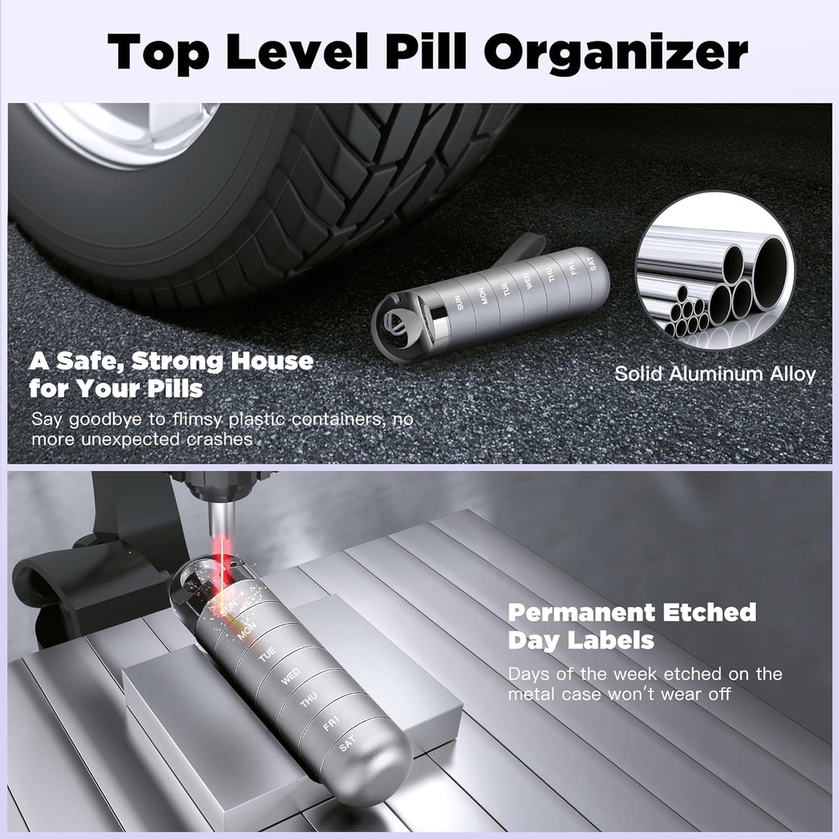 Zannaki Metal Travel Pill Organizer, Portable Waterproof Weekly Pill Box, Large Aluminum Alloy Pill Case Container, BPA Free 7 Day Daily Medicine Organizer Holder for Vitamin, Fish Oil, Supplement