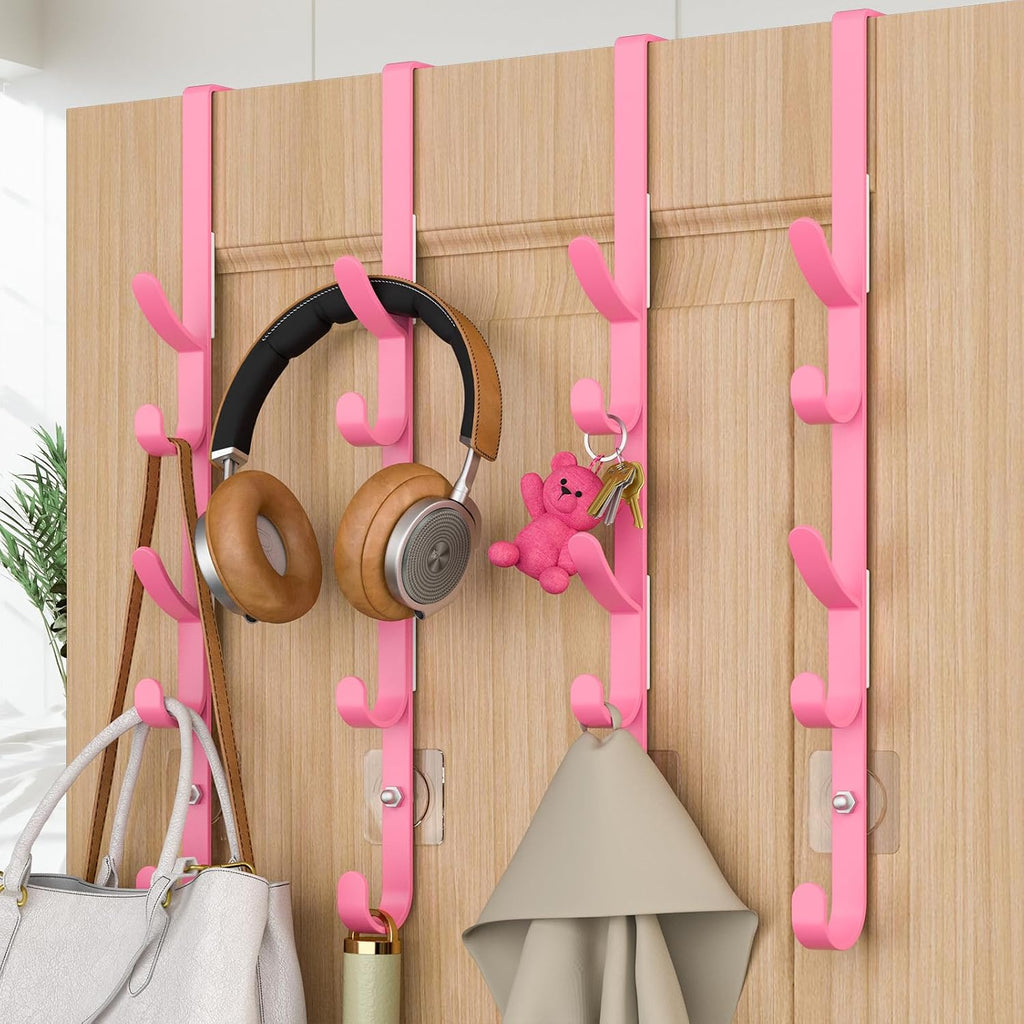 Over The Door Hooks, Metal Door Hooks for Hanging, Over The Door Purse Organizer for Coat Hanger, Back of Shower Door for Hanging Towel Rack Clothes, Hat, Bathroom, Closet (Pink-4Packs)
