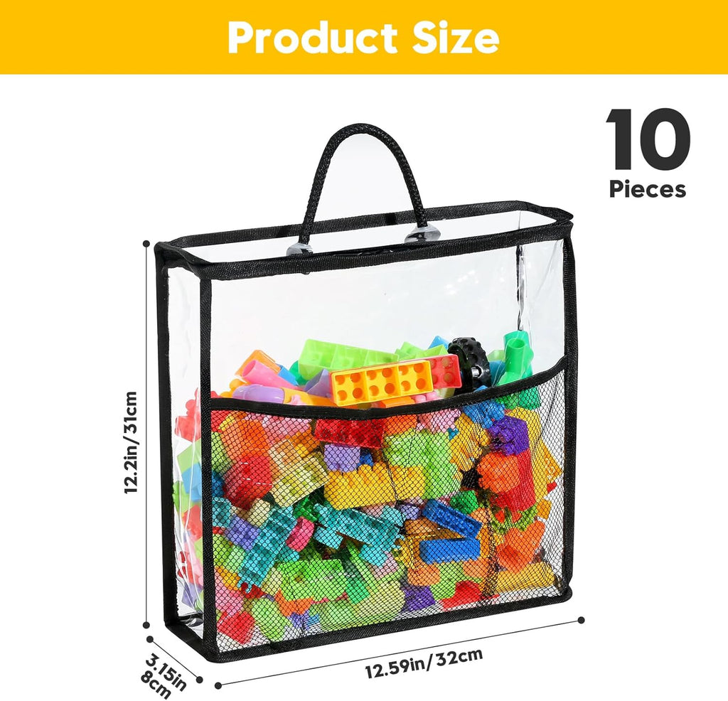 10 PCS Clear Zippered Toy Storage Bags with handle, Kids Toy Storage Organizer with Mesh Pocket for Instructions, Playroom Toy Organizer Plastic Storage Bags for Blocks Set Puzzles,Small Toys