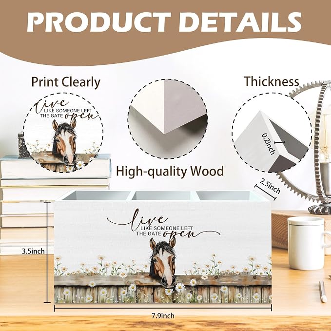 DILSJ Inspirational Horse Pen Pencil Holder Organizer for Desk, Horse Gifts for Women, Live Like Someone Left The Gate Open Wooden Box Signs for Home Office Desk Tabletop Decoration