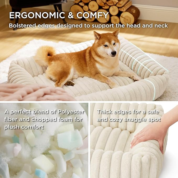 Bedsure Cute Dog Beds Large Sized Dog - Washable Furry Pet Beds, Rectangle Orthopedic Corduroy Fleece Puppy Beds with Removable Zipper Cover, 36x27x8inches, Cream